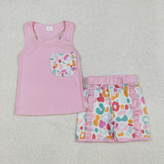 Baby Girl Sleeveless Pocket Bow Pink Tops Ruffle Leopard Shorts Set RTS