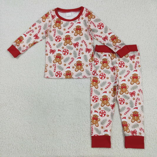 Baby Boy Long Sleeves Christmas Gingerbread Candy Cane Shirt Pants Pajamas Set RTS