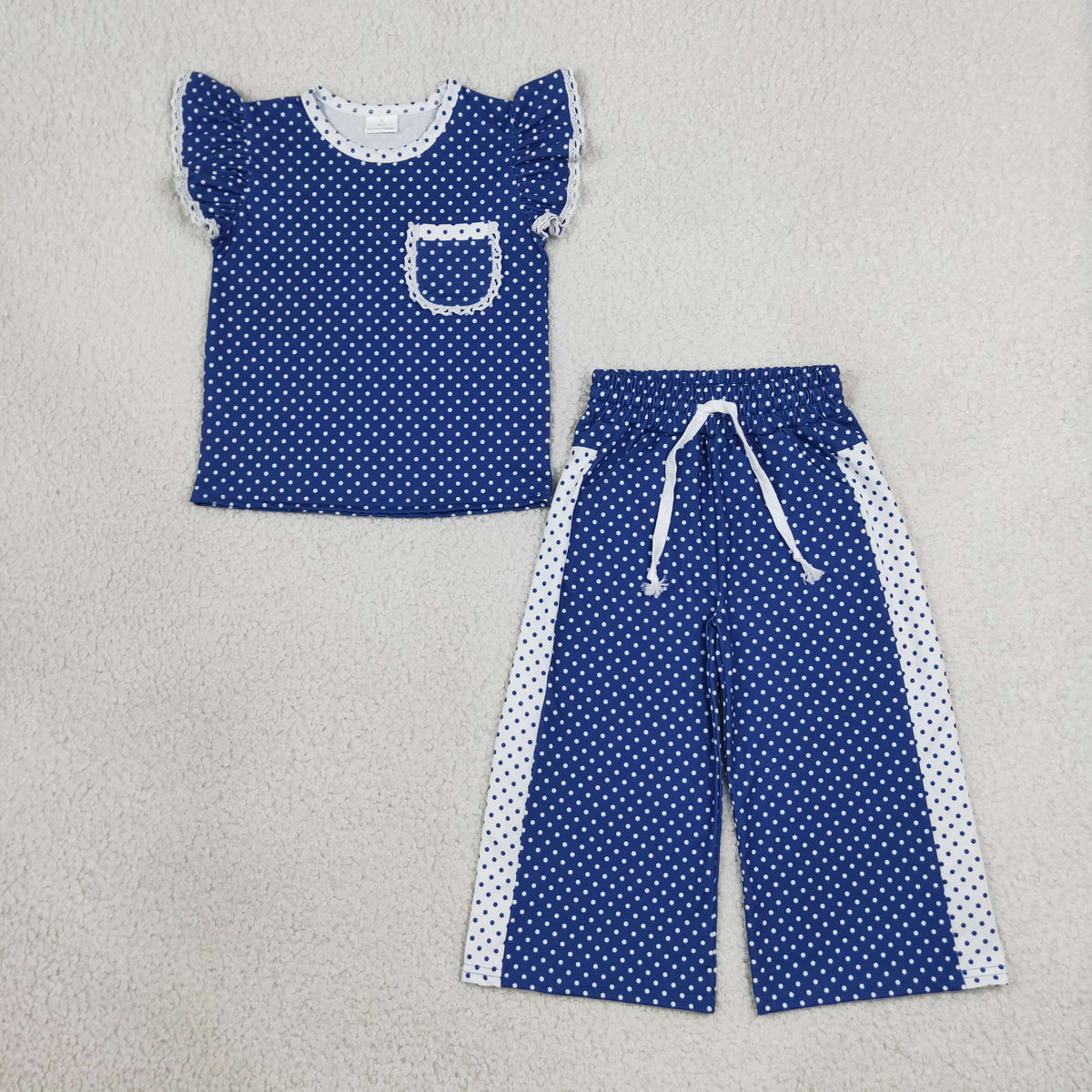 Baby Girls Kids Short Sleeves Dot‌s Tops Pockets Pants Blue Set Team Clothes RTS
