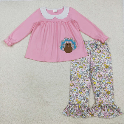 Baby Boy Blue Long Sleeves Embroidery turkey Shirt Plaid Pants Thanksgiving Set RTS