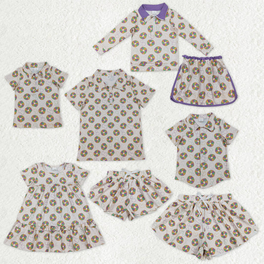 Sibling Family Baby Girls Adult Men Mardi Gras Donuts Shirts Shorts Dress Set RTS