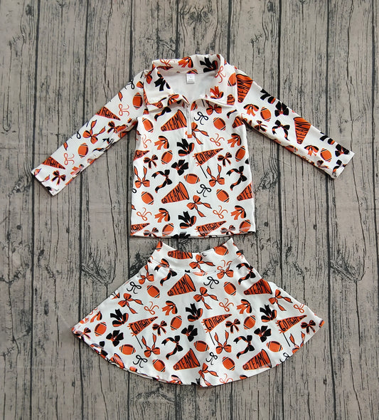 ( No moq ) Preorder Girls Kids Bows Orange Football Zipper Shirt Yoga Active Skorts Team Clothes Set