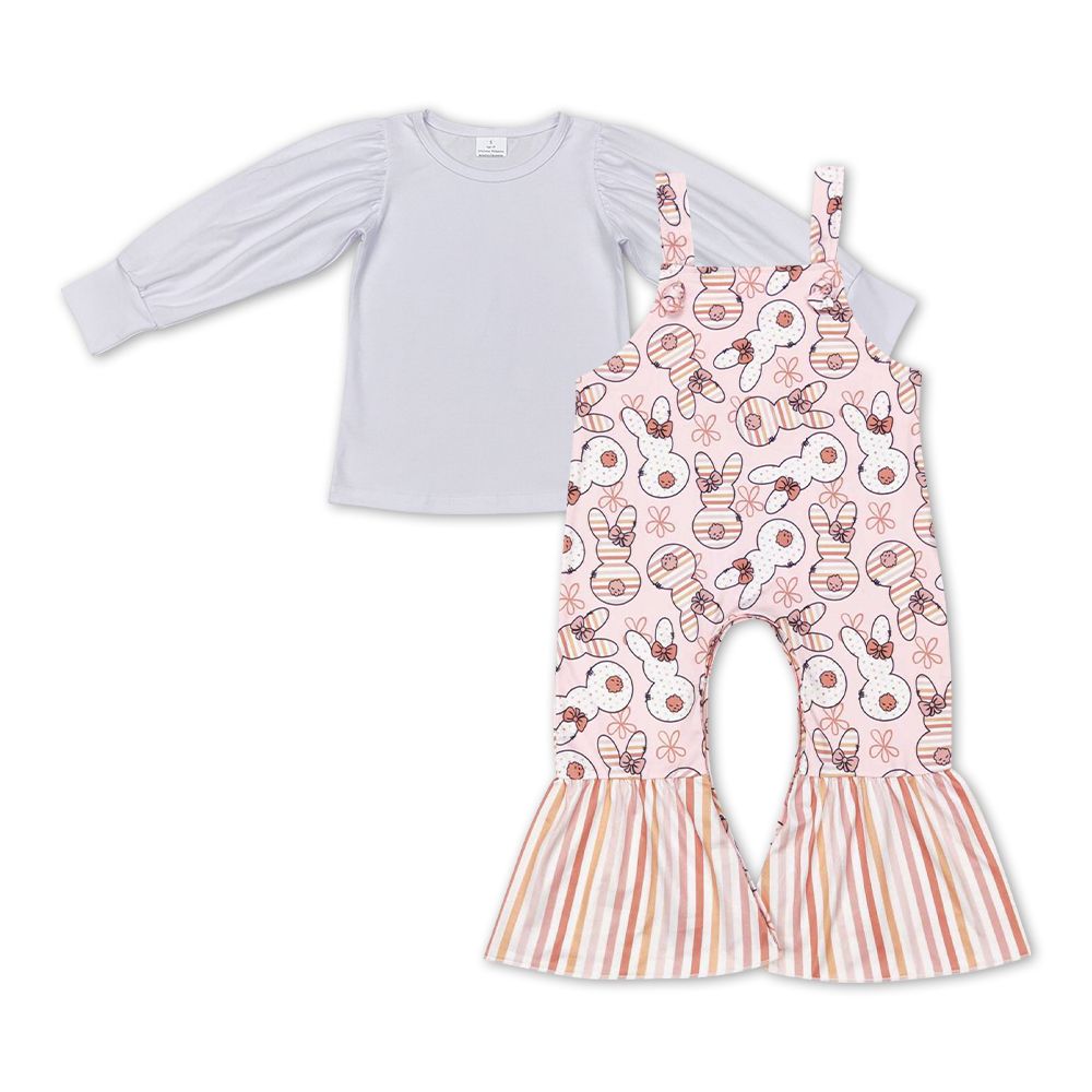 GLP1104 Easter Baby Girl White Long Sleeves Shirt Rabbit Overalls Outfit