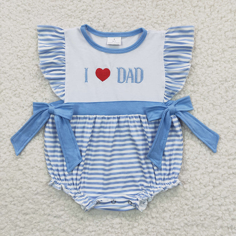 Baby Girl Embroidery I Love Dad Summer Blue Stripes Romper