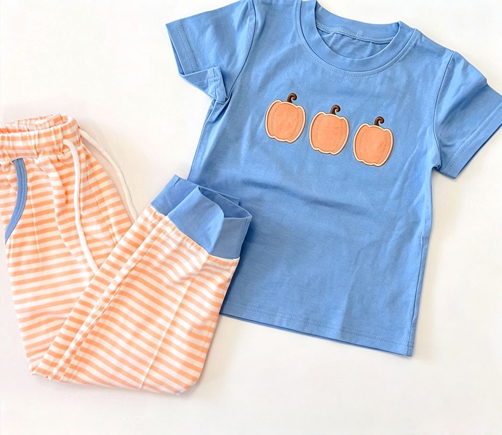 ( Moq 5 ) Preorder Baby Boys Kids Short Sleeves Pumpkins Blue Shirt Pockets Stripes Pants Fall Set Clothes