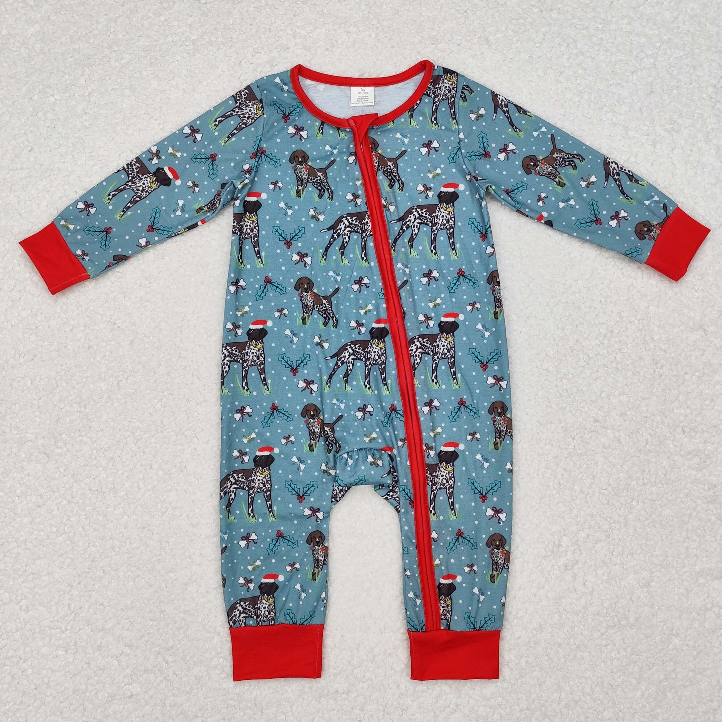 Baby Boy Long Sleeves Christmas Dogs Zipper Green Romper