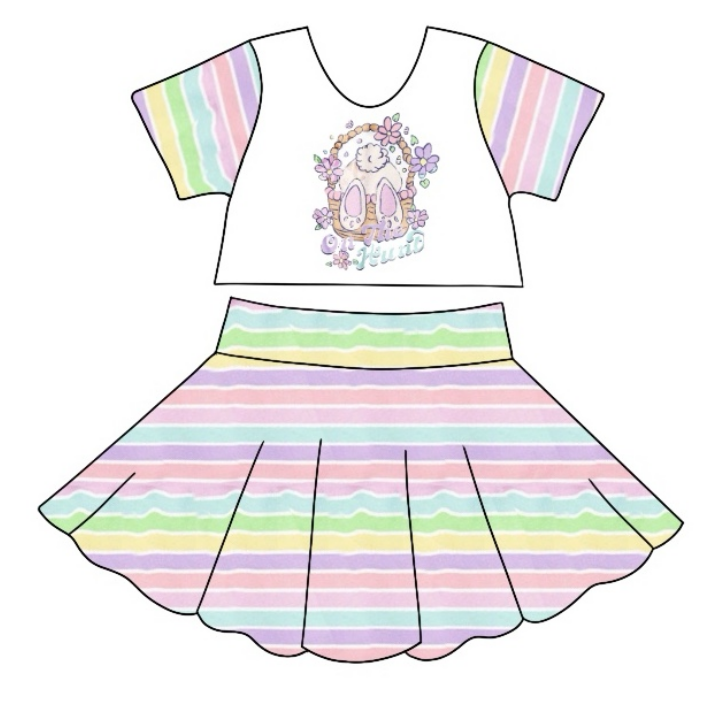 Baby Girl Short Sleeves Easter Rabbit Tops Stripes Skirt Clothes Set Moq 5