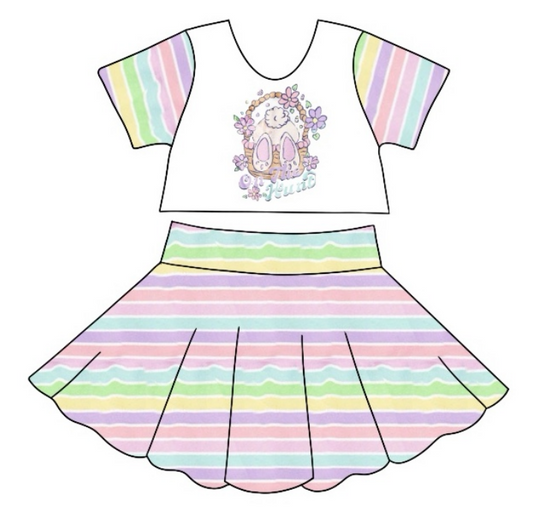 Baby Girl Short Sleeves Easter Rabbit Tops Stripes Skirt Clothes Set Moq 5