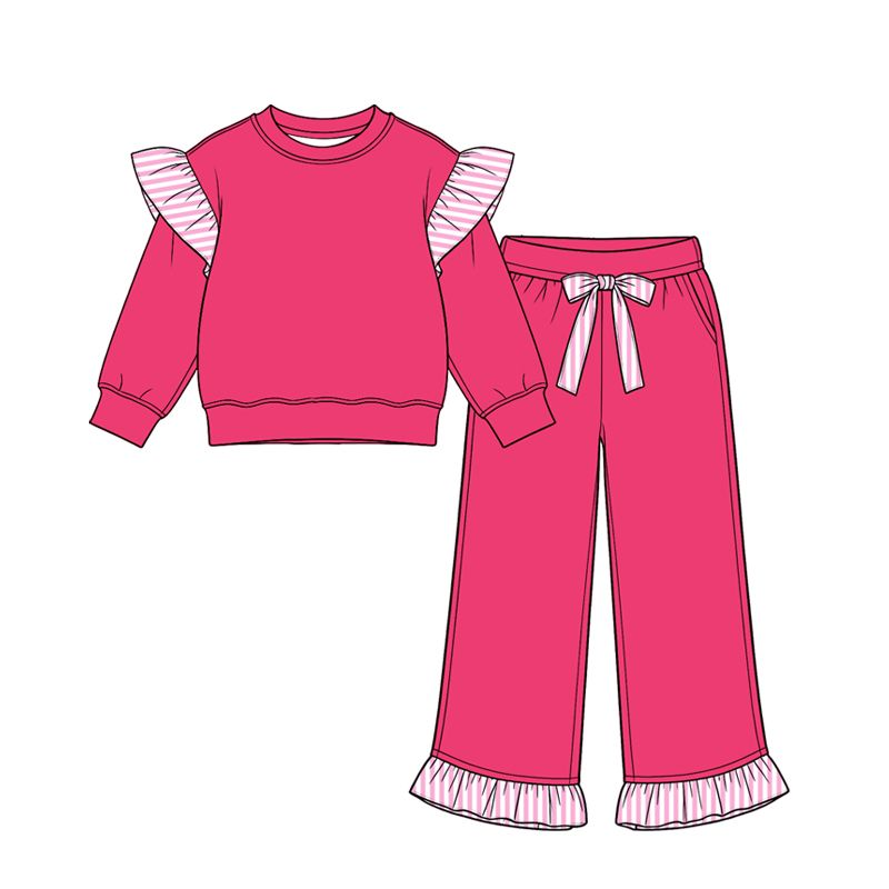 ( Moq 5 ) Preorder Baby Girls Kids Long Sleeves Tops Pockets Pants Cotton Set Hot Pink Clothes