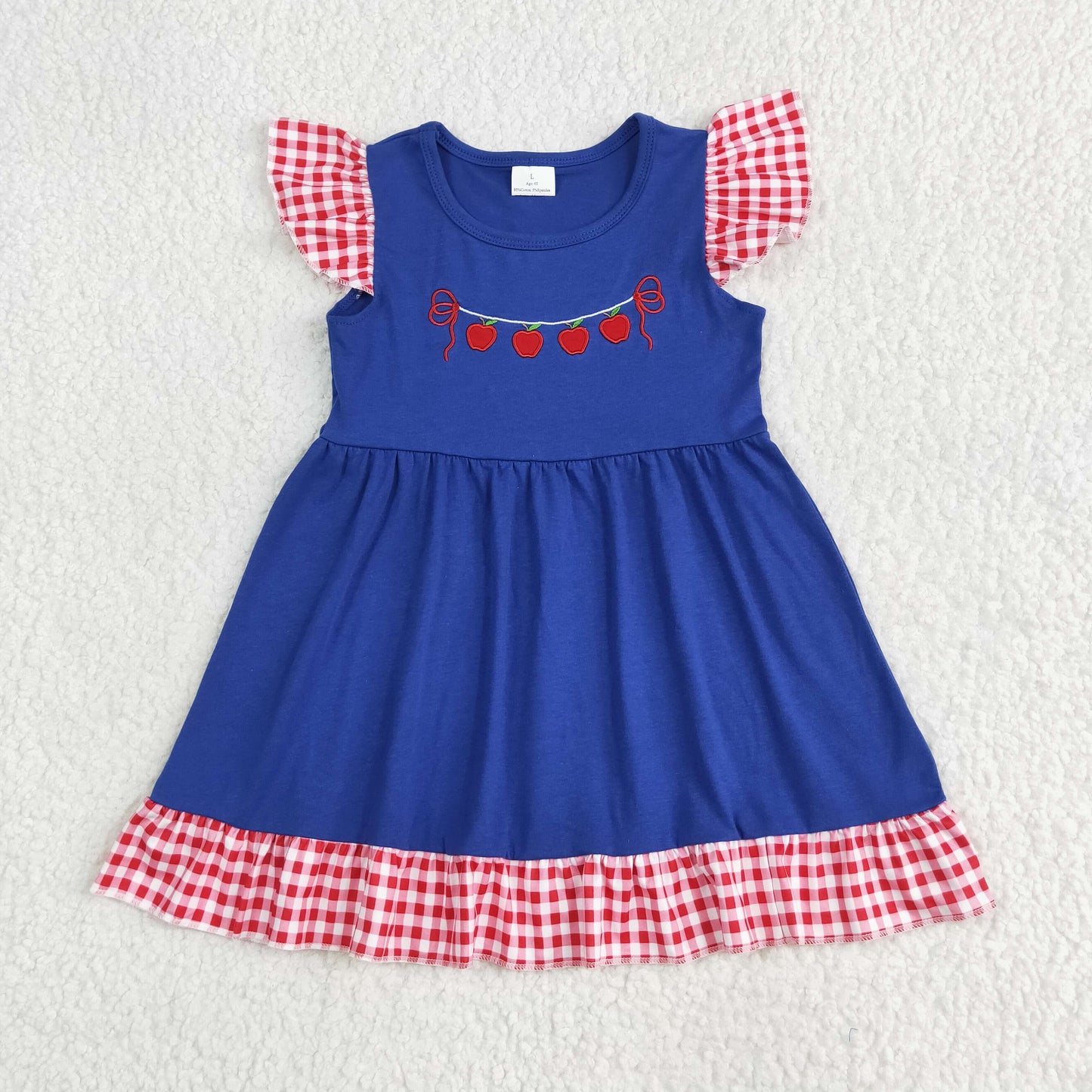 Baby Girl Short Sleeves Embroidery Apple Back to School Blue Dress RTS