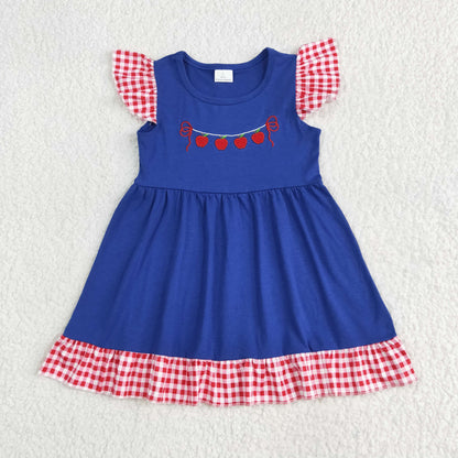 Baby Girl Short Sleeves Embroidery Apple Back to School Blue Dress RTS