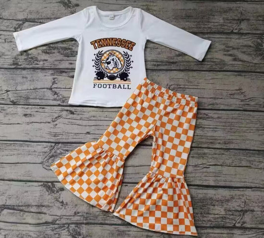 Baby Girl Long  Sleeves Dog Team Shirt Orange Plaid Bell Pants Clothes Set