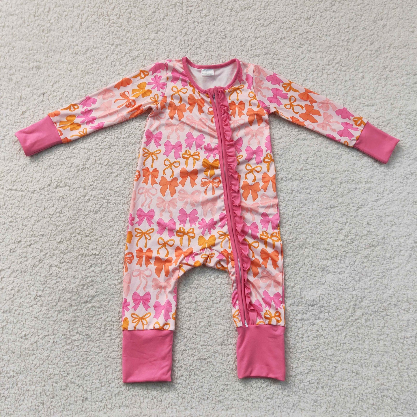 Baby Girl Long Sleeves Bows Pink Ruffle Zipper Pajamas Romper RTS