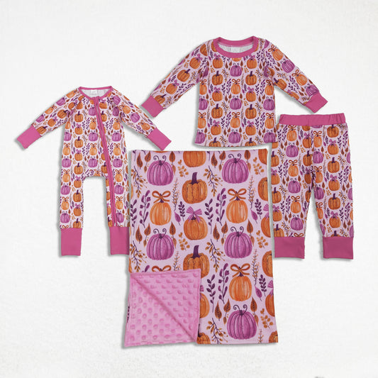 Sibling Girls Kids Long Sleeves Pumpkin Bows Floral Sibling Blanket Pajamas Footie Zipper Romper Set Clothes RTS