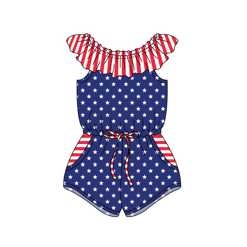 Moq 3 Pre-order SR1299 July 4th Baby Girl Stars Stripes Pocket Shorts Summer Jumpsuit