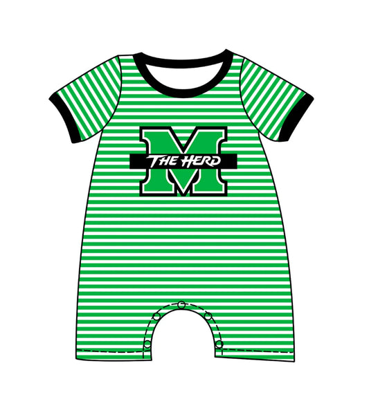 ( Moq 5 ) Baby Boys Kids Short Sleeves Green Stripes M Team Romper