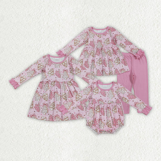 Sibling Kids Girls Long Sleeves Pink Cake Trees Christmas Romper Dress Set Clothes RTS