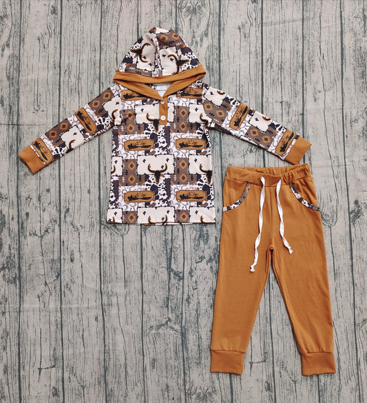 ( No moq ) Preorder Baby Boy Long Sleeves Cow Cactus Aztec Hoodie Western Buttons Shirt