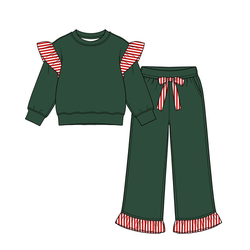 ( Moq 5 ) Preorder Baby Girls Kids Green Long Sleeves Tops Pockets Pants Cotton Set Clothes