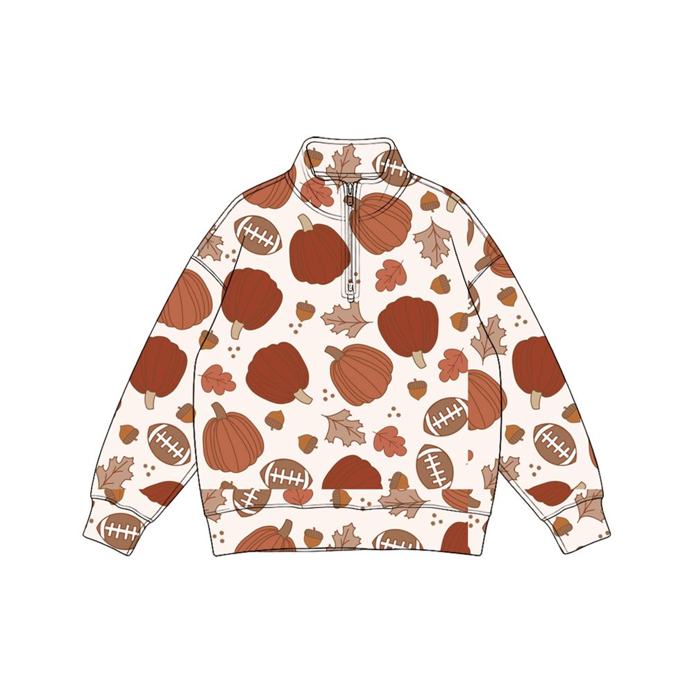 ( Moq 5 ) Preorder Toddler Kids Long Sleeves Pumpkins Football Zipper Pullover Fall Shirt Tops Clothes