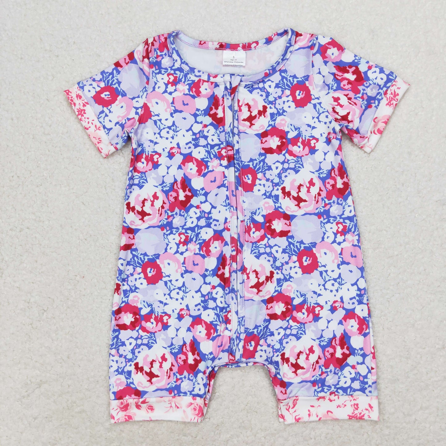 Baby Girl Short Sleeves Flower Zipper Purple One Piece Romper