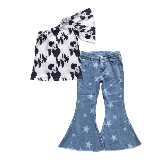 Baby Girl One Shoulder Cow Print Tops Stars Blue Denim Pants Western Outfit