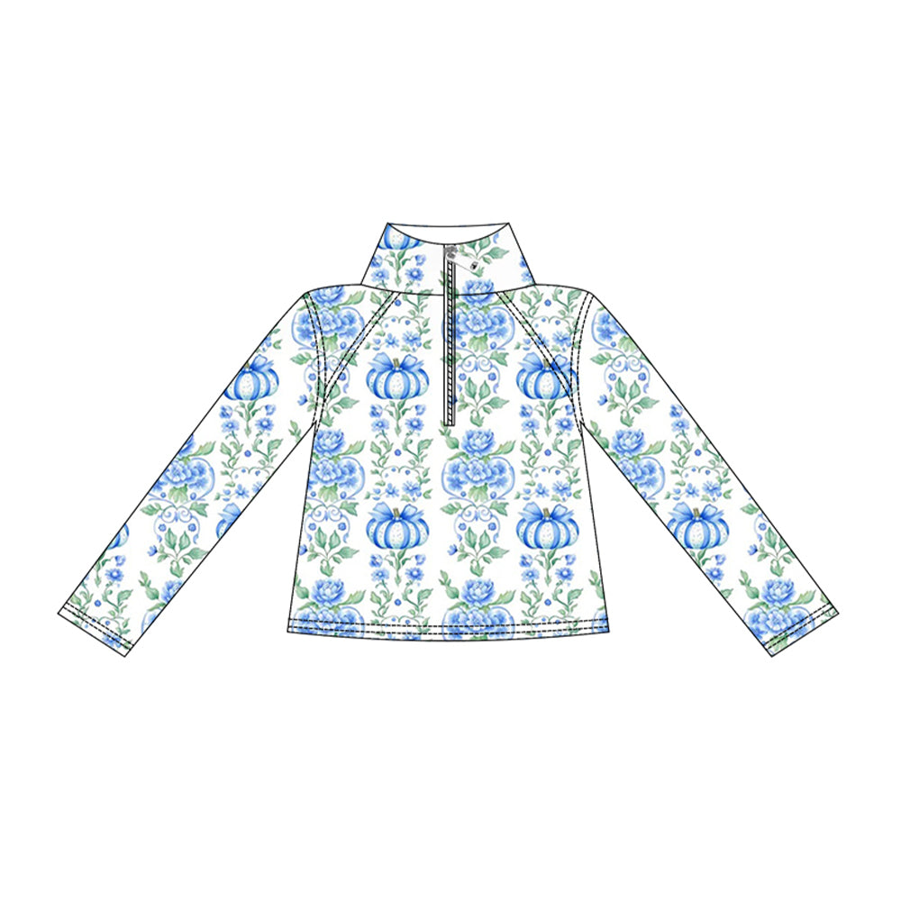 ( Moq 5 ) Preorder Baby Girls Kids Long Sleeves Blue Pumpkins Bows Flower Zipper Yoga Fall Shirt