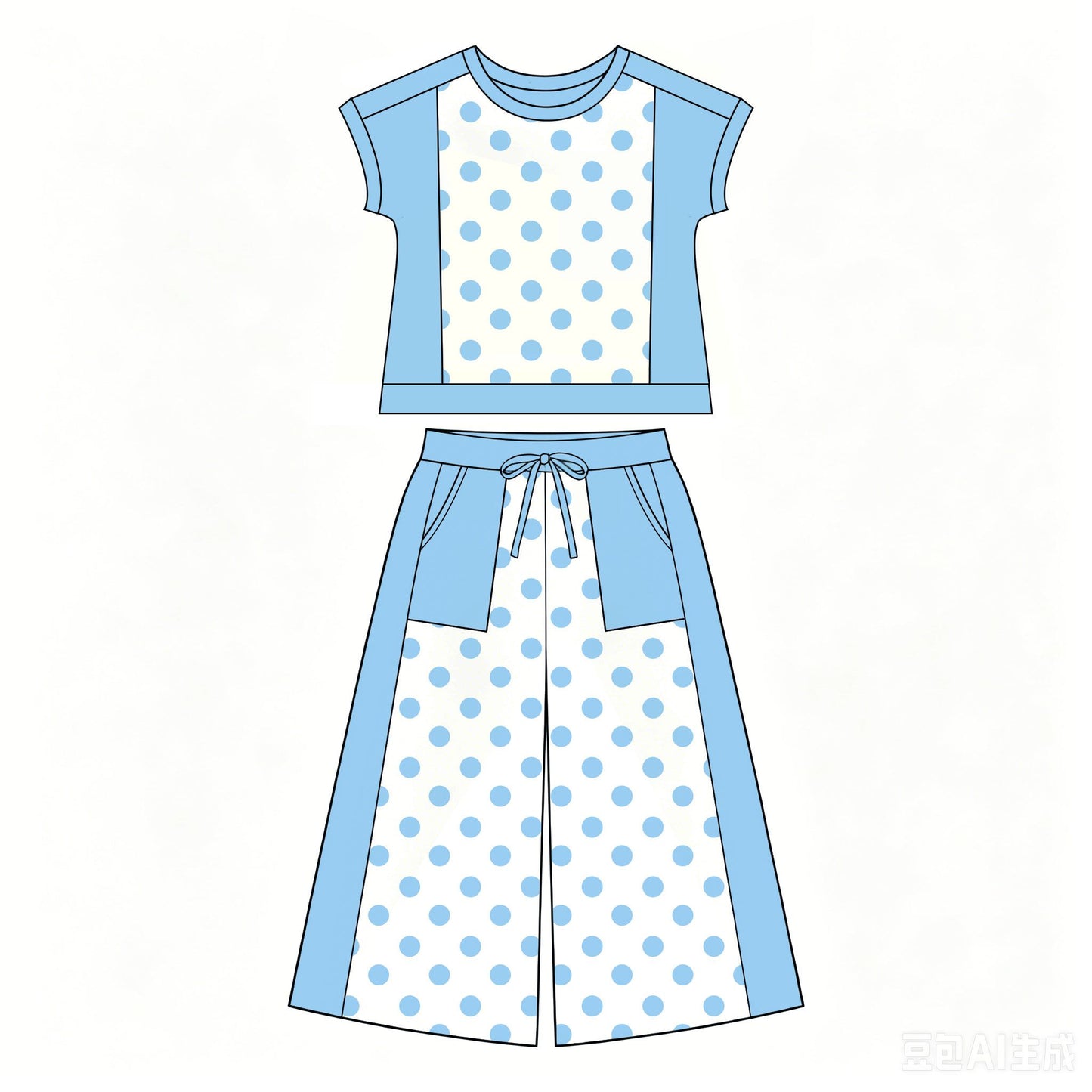 ( Moq 5 ) Preorder Baby Girl Kids Short Sleeves Dots Shirt Pockets Pants Blue Set Clothes