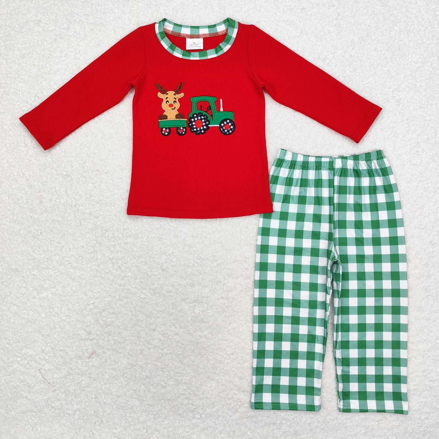 Pre-order Baby Boy Embroidery Christmas Tractor Deer Red Shirt Green Plaid Pants Set