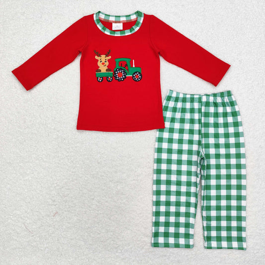 Pre-order Baby Boy Embroidery Christmas Tractor Deer Red Shirt Green Plaid Pants Set