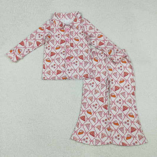 Kids Girl Long Sleeves Pumpkin Pie Bows Buttons Shirt Pants Thanksgiving Pajamas Set RTS