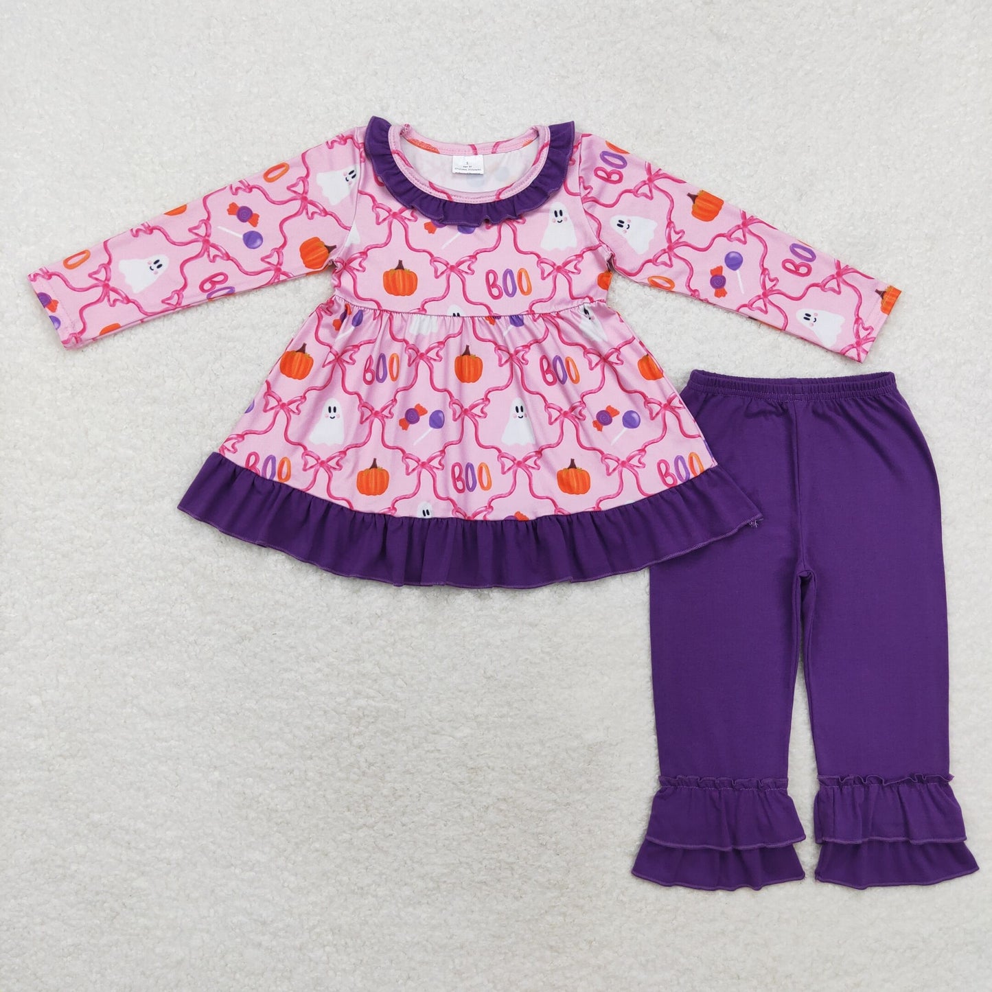 Baby Girl Halloween Ghost Bows Tunic Purple Pants Set