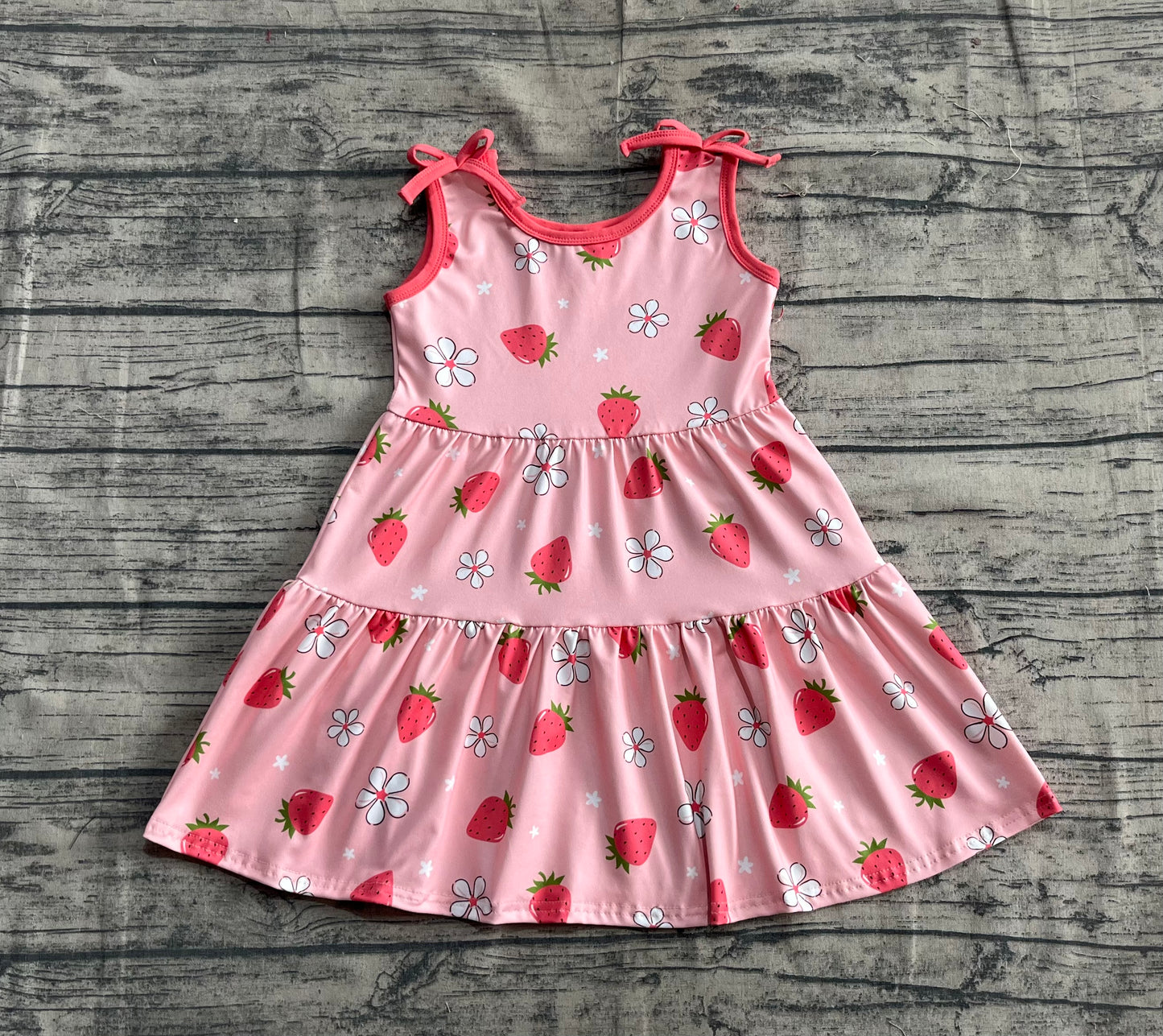 Baby Girl Straps Bows Strawberry Flower Knee Length Dress RTS