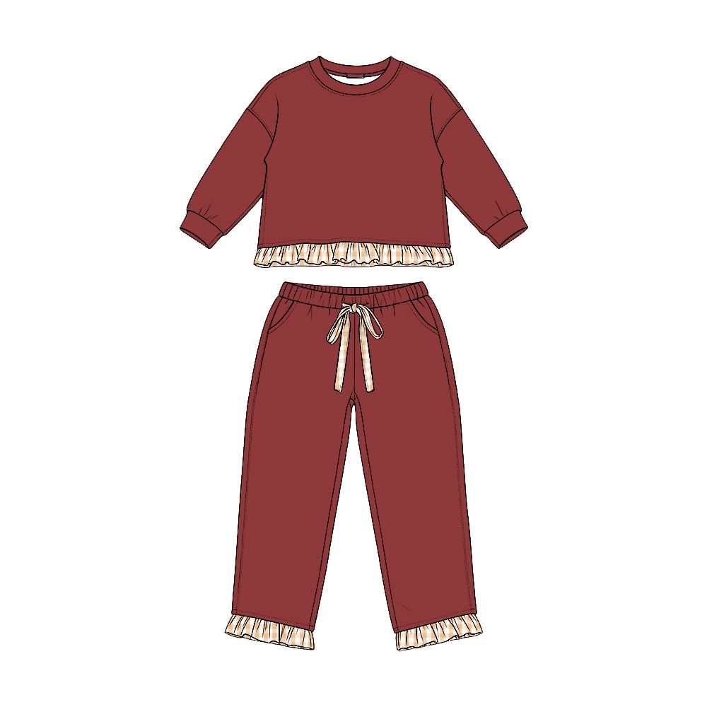 ( Moq 5 ) Preorder Baby Girls Kids Long Sleeves Dark Red Shirt Pockets Pants Set Sweatsuit‌ Clothes