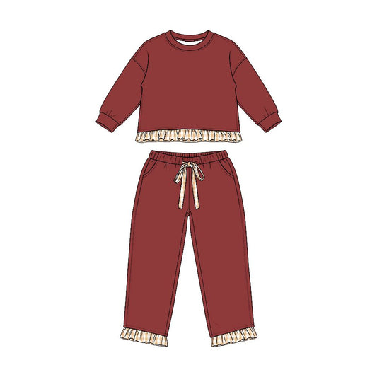 ( Moq 5 ) Preorder Baby Girls Kids Long Sleeves Dark Red Shirt Pockets Pants Set Sweatsuit‌ Clothes