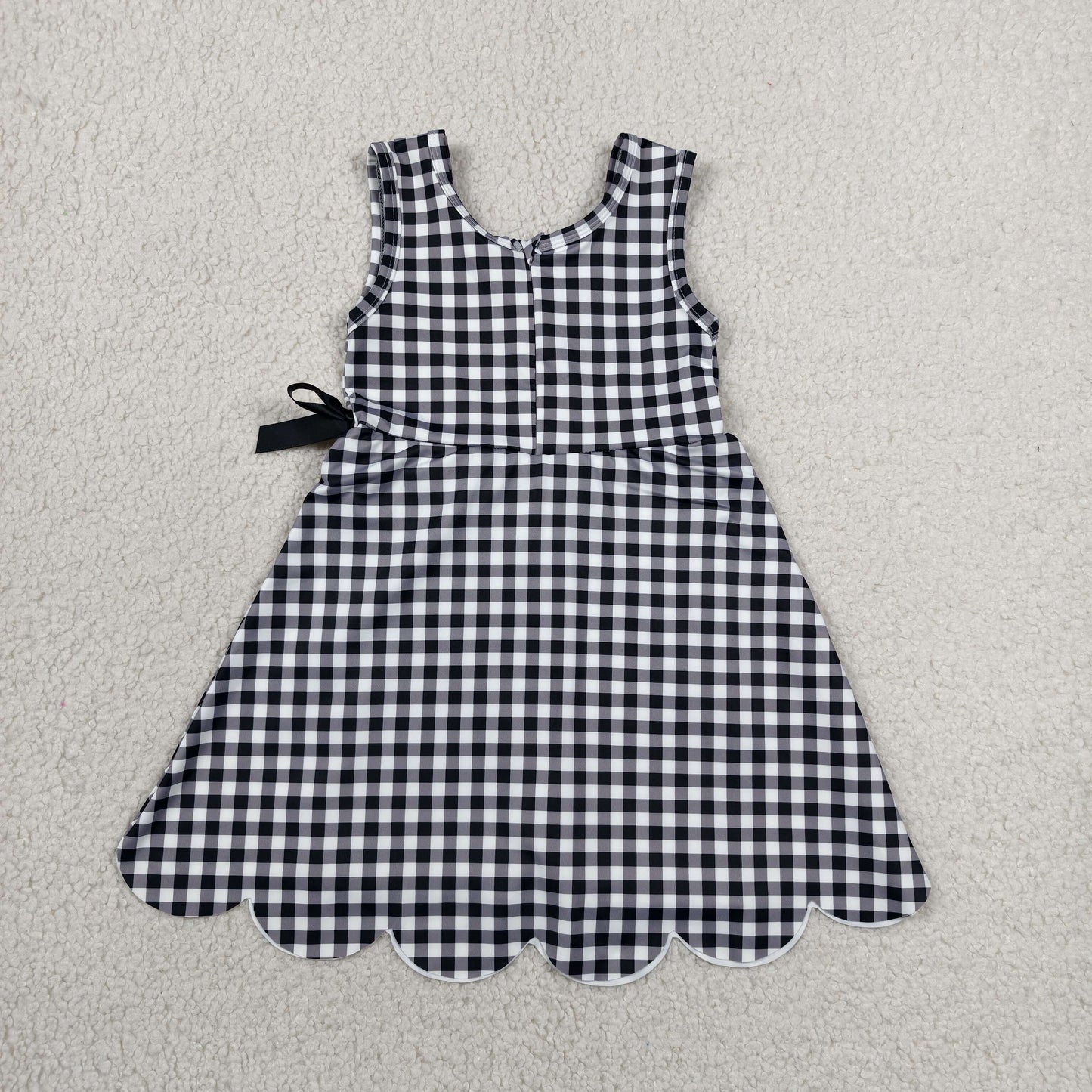 Baby Girls Kids Sleeveless Black Plaid Scallop Yoga Knee Length Dress RTS
