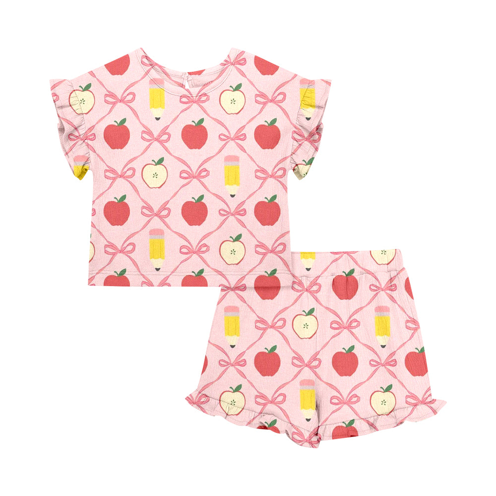 ( Moq 5 Each Style ) Sibling Baby Girls Kids Short Sleeves Pencil Bows Flower Shirts Shorts Back to School Sets