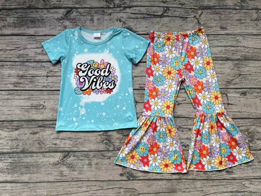 No Moq Pre-order GSPO1239 Baby Girl Blue Short Sleeves Shirt Floral Bell Pants Flower Set