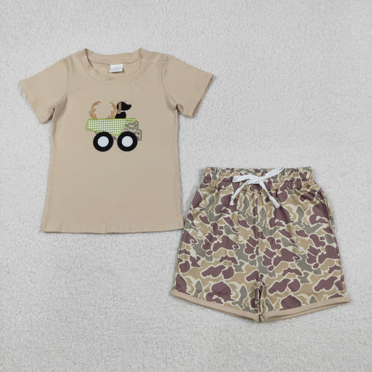 Baby Boys Short Sleeves Embroidery Dog Deer Truck Shirt  Camo Shorts Hunting Set RTS