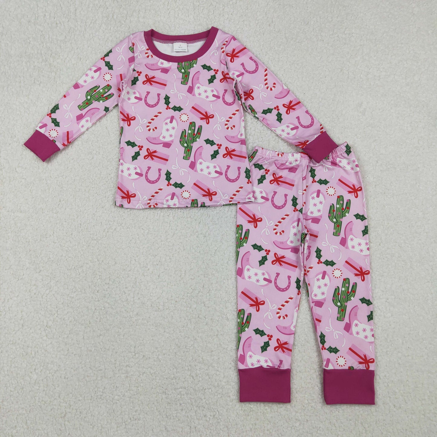 Baby Girl Long Sleeves Christmas Western Boots Cactus Pajamas Clothes Set RTS
