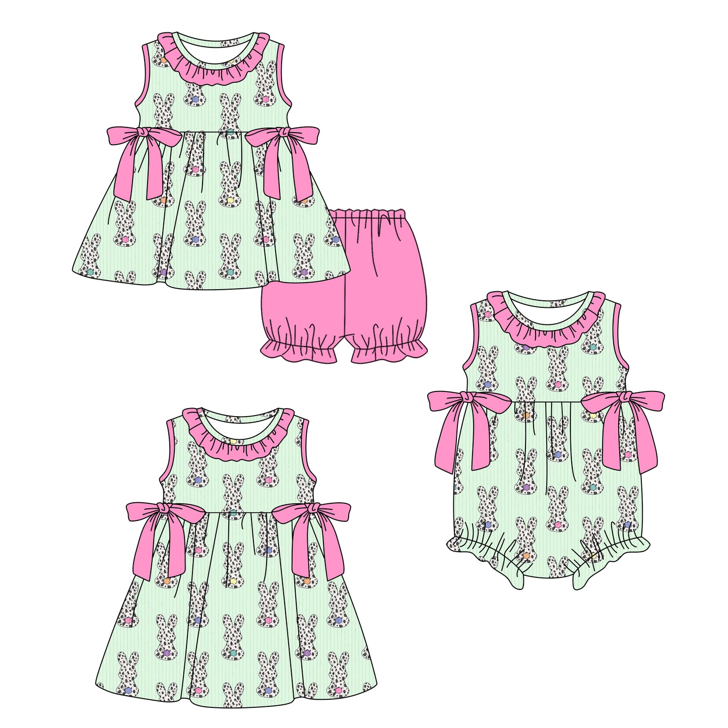 ( Moq 5 Each Style ) Baby Girls Kids Leopard Rabbits Bows Sibling Easter Romper Dress Set