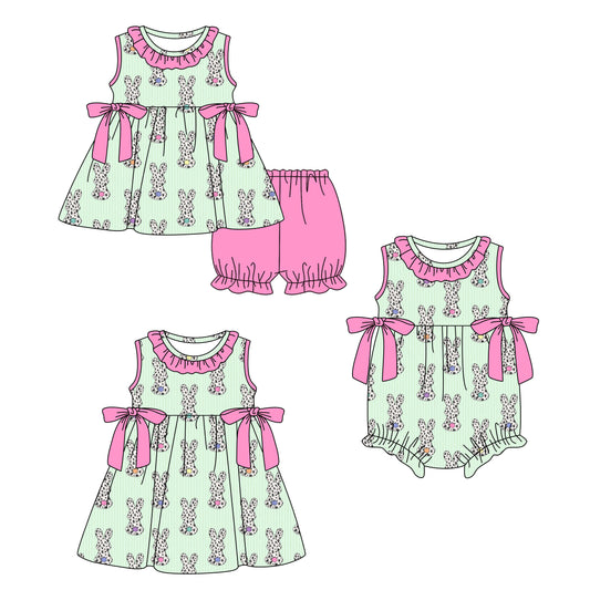 ( Moq 5 Each Style ) Baby Girls Kids Leopard Rabbits Bows Sibling Easter Romper Dress Set