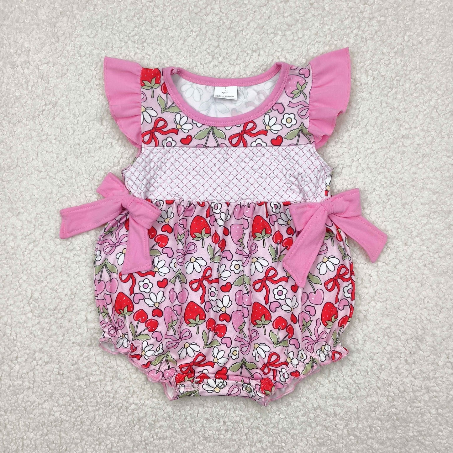Baby Girl Infant Short Sleeves Embroidery Checked Bows Floral Strawberry Bubble Romper RTS