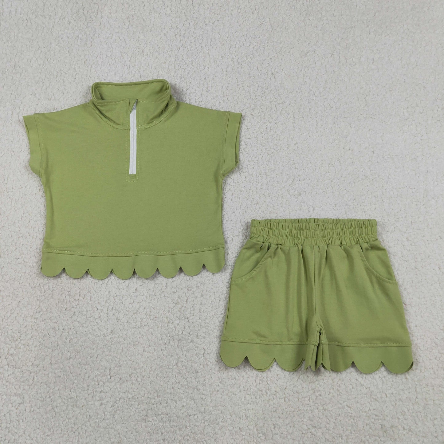 Baby Girls Kids Green Short Sleeves Zipper Shirt Scallop Shorts Set RTS