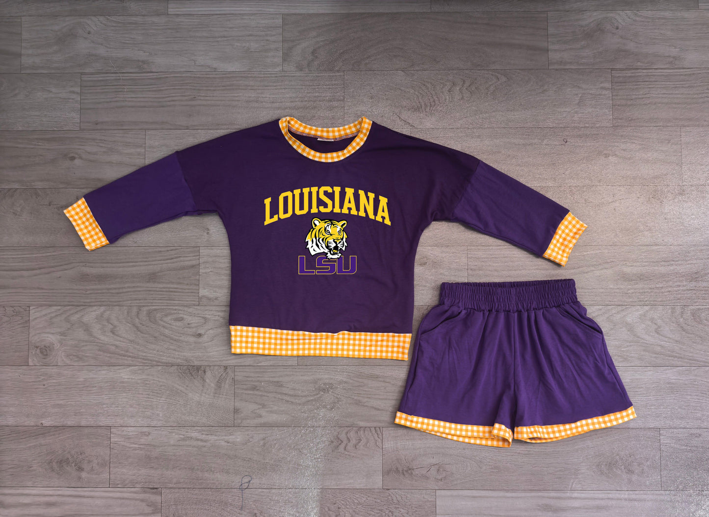 ( No moq ) Preorder Baby Girls Kids Long Sleeves Purple Shirt Shorts Tiger Cotton Set Team Clothes