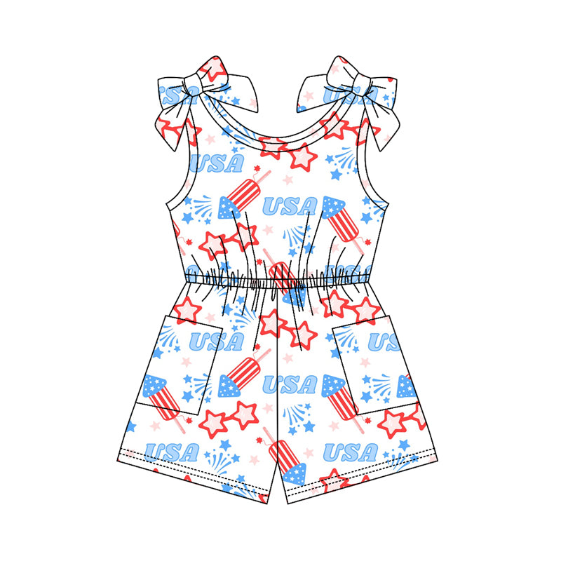( Moq 5 ) Preorder Baby Girls Kids Stars Pockets Shorts 4th of July Jumpsuit Clothes