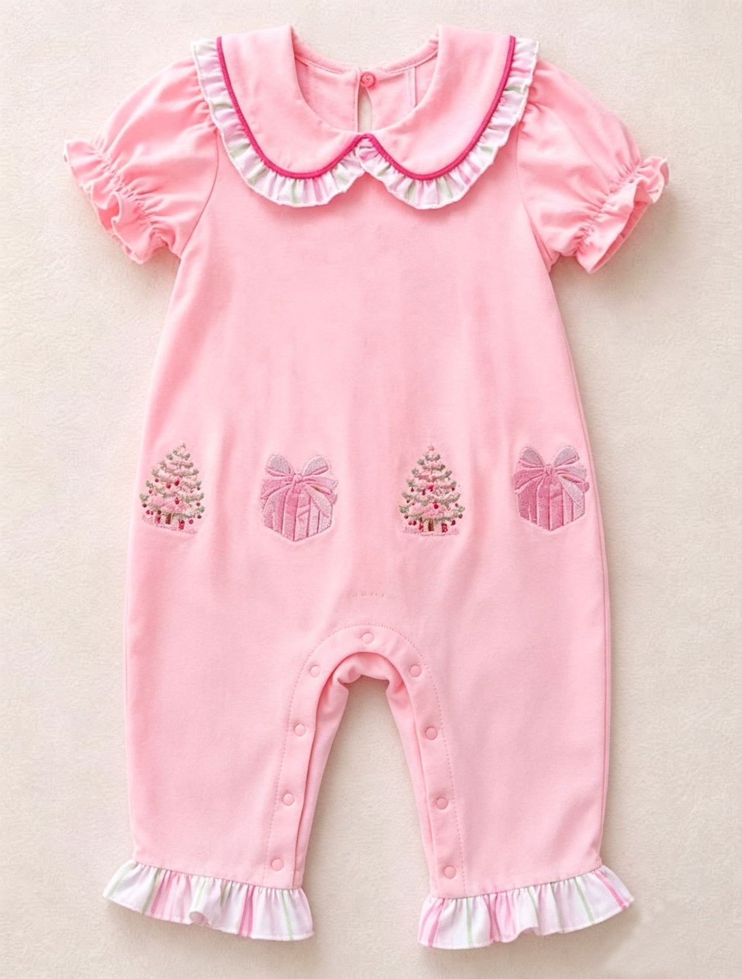 ( Moq 5 ) Preorder Baby Girls Infant Short Sleeves Christmas Tree Romper Pink Clothes