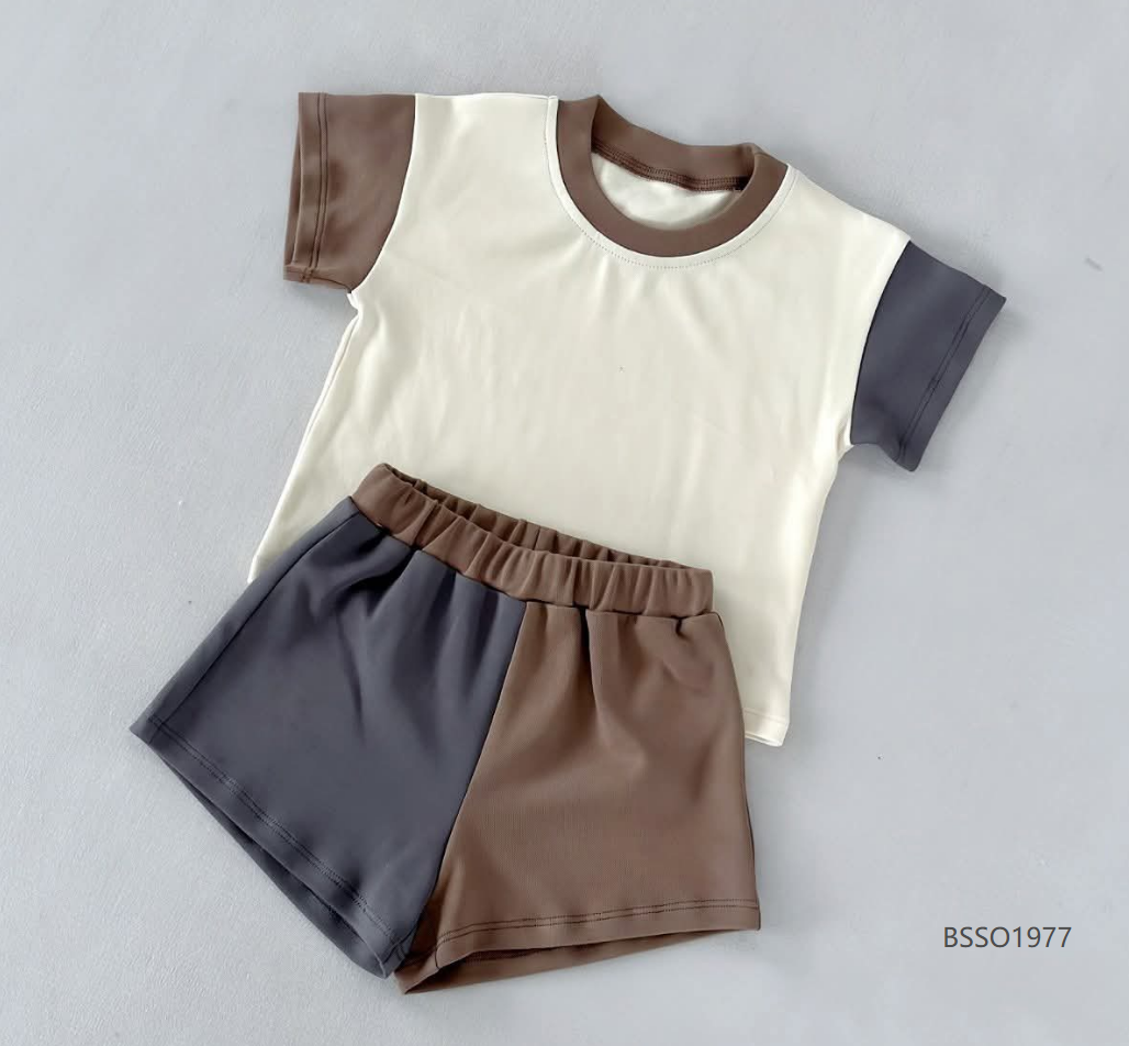 ( Moq 5 ) Preorder Baby Boys Short Sleeves Shirt Grey Brown Shorts Set Summer Clothes