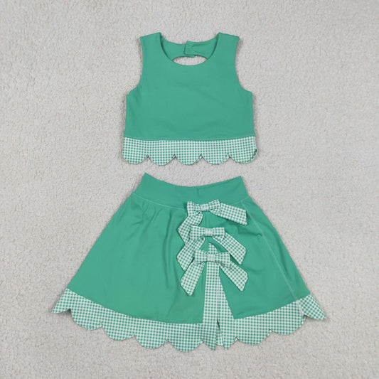 Baby Girls Sleeveless Green Tops Bows Skirt Shorts Yoga Clothes Scallop Set RTS