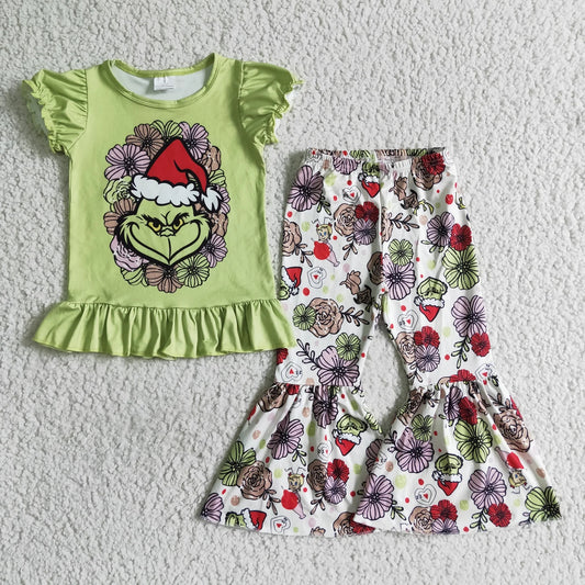 Promotion Baby Girl Kids Green Face Shirt Flower Pants Christmas Outfit RTS